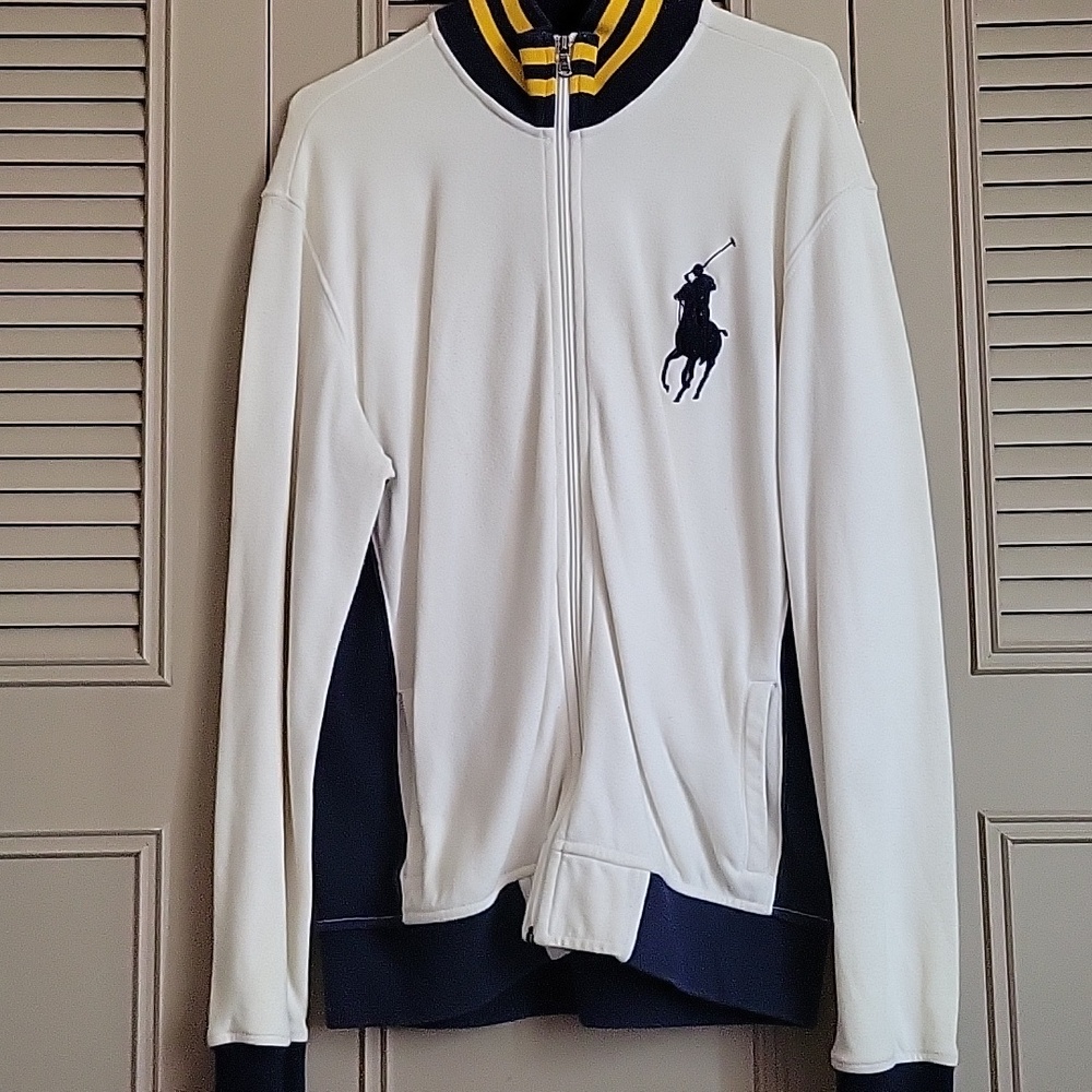 White with navy and yellow striped Polo Ralph Lauren full zip sweater medium